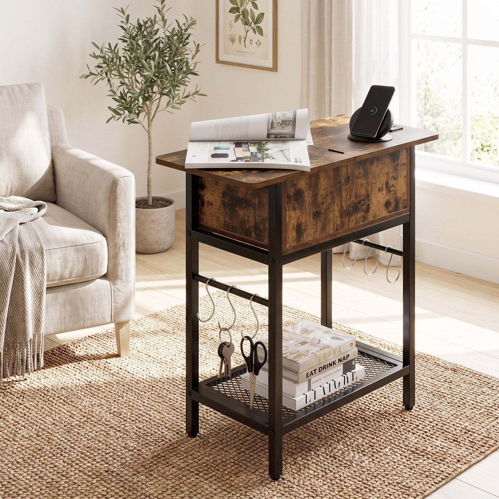 Furnibear End Table with Charging Station USB Ports Outlets and Flip Top Hidden Compartment for Living Room Bedroom and Sofa Side, Coffee