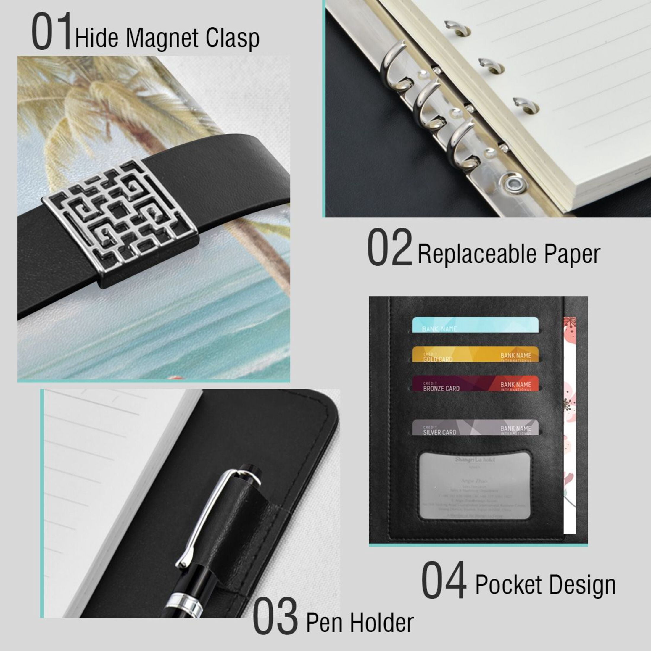 Leather Planner Leather Notebook Notebook Journal Binder Design Pen Pocket Design Convenient for Storage 3d Wall Palm Trees