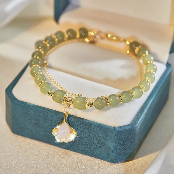 HonestMatter, jade bracelet for women, jade bracelet, jewelry, elegant double layer gingko leaf and natural stone charm for fashion friendship, Gold