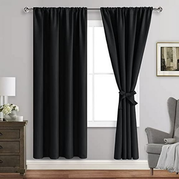 JIUZHEN Blackout Curtains for Bedroom - Thermal Insulated Room Darkening Noise Reducing, 42 x 72Inch Length Curtains for Living Room, Set of 2 Panels with Tiebacks, Black