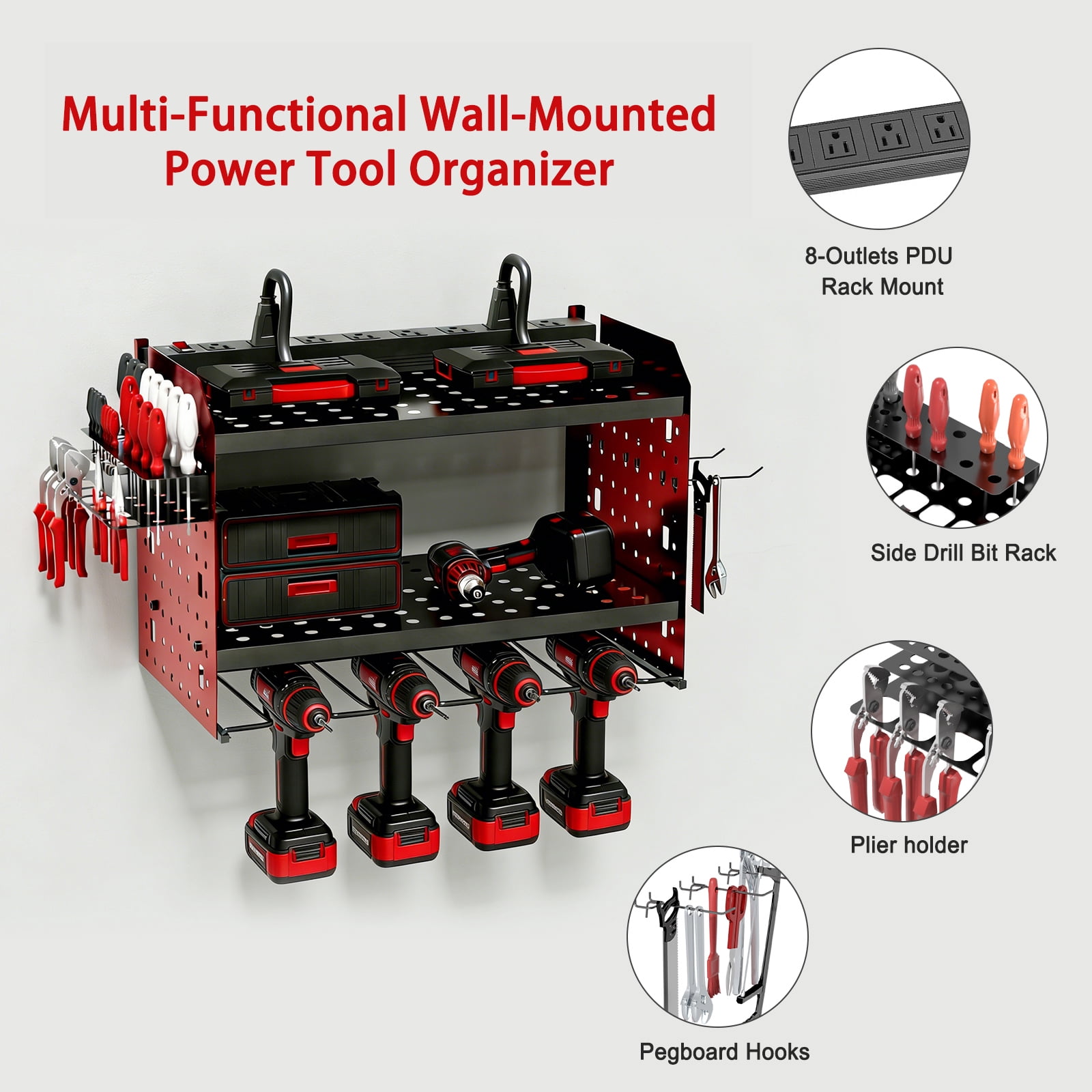 ZHANGONG Power Tool Organizer with 8-Outlet PDU,  Wall Mount 3-Layer Heavy Duty Storage, 44lbs Load Capacity, 6.5FT Extension Cord for Workshop Garage