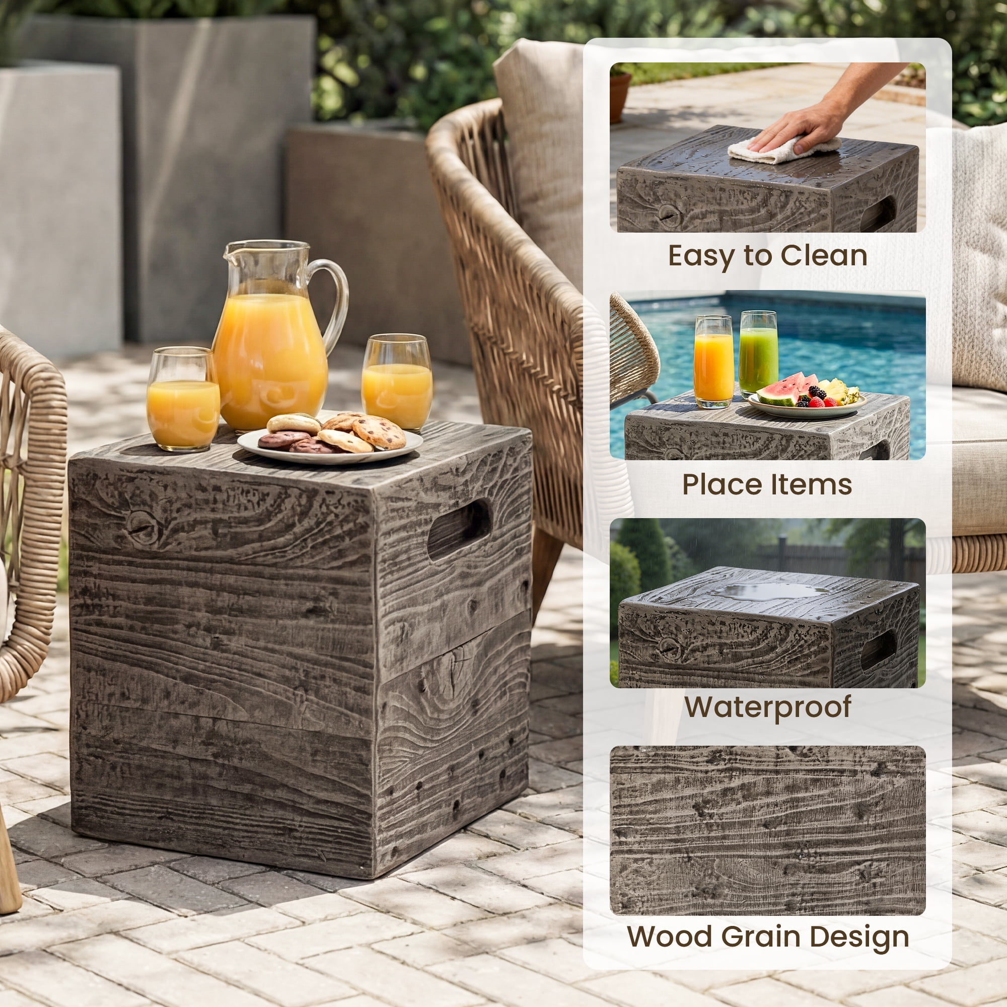 MOALCOFER Concrete Outdoor side table with Faux Wooden,Small Patio Accent Table