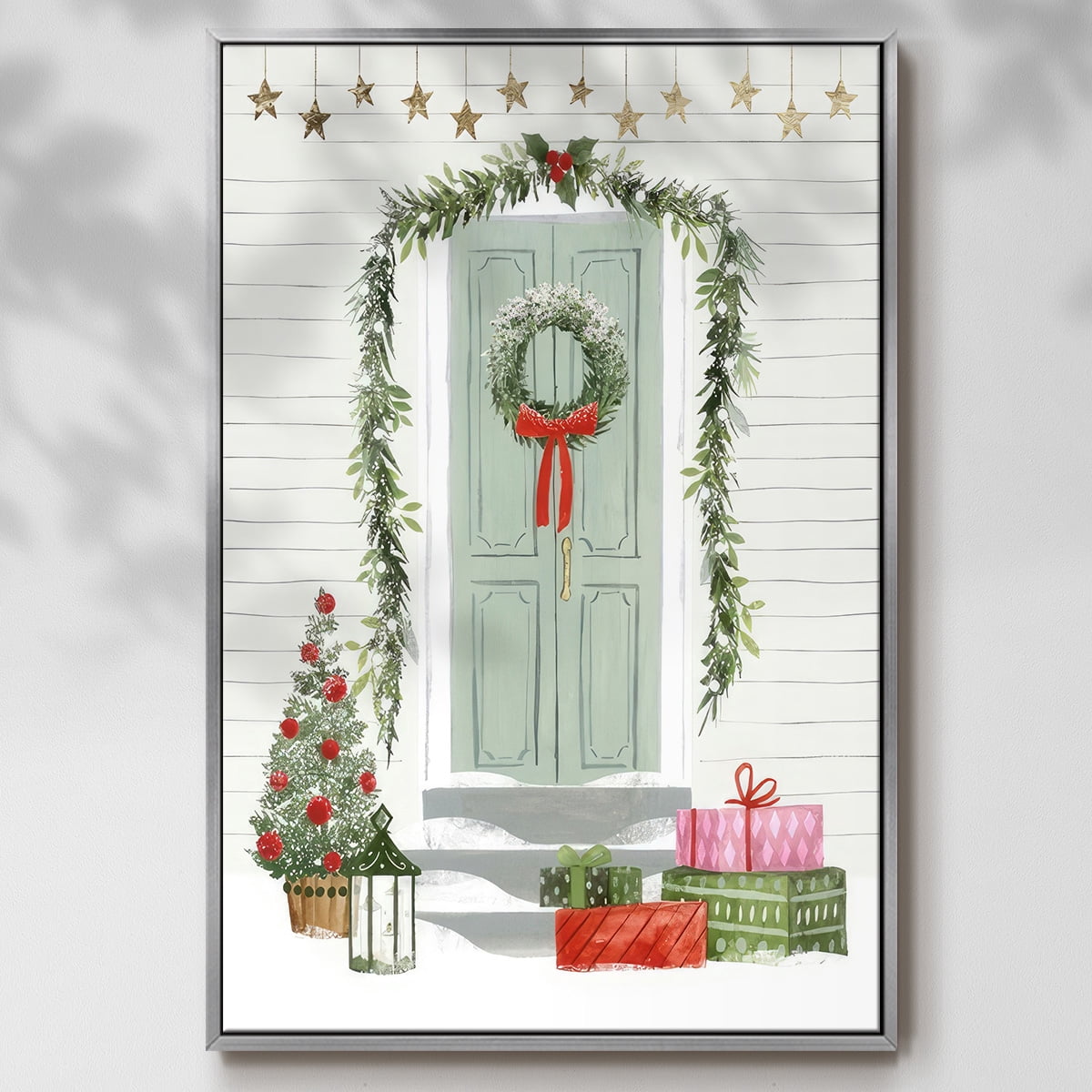 Festive Front Door I - Framed Gallery Wrapped Holiday Canvas - 17 x 25 - Silver Frame