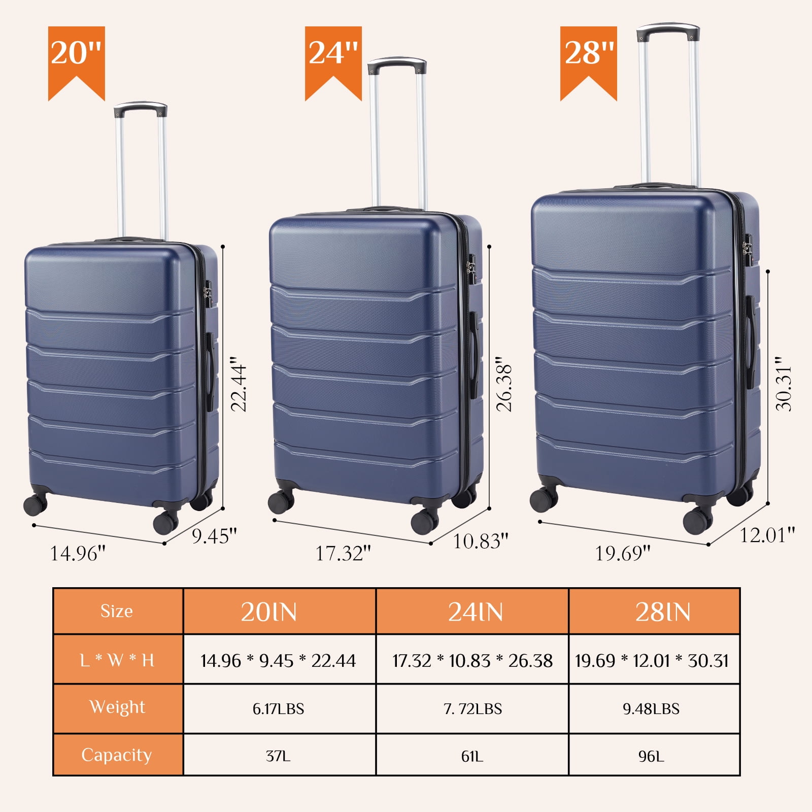 MCQ 20 inch Carry on Luggage, Hard Shell ABS Suitcase with Double Spinner Wheels, Lightweight Expandable Rolling Suit Case with TSA Lock, Blue