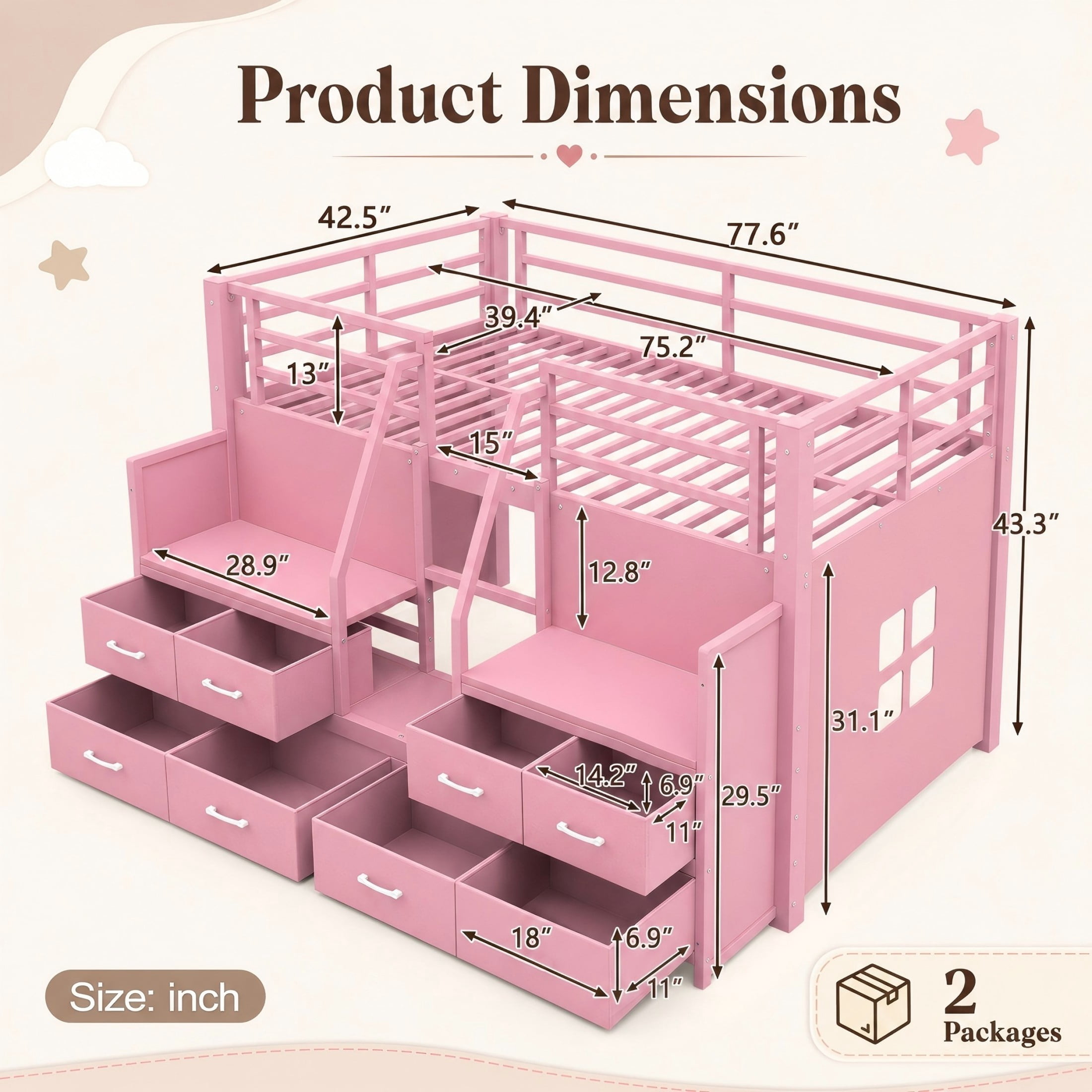 Aukfa Twin Low Loft Bed with 8 Storage Drawers, Shelves & LED Lights, Metal Loft Bed for Kids Bedroom, Pink