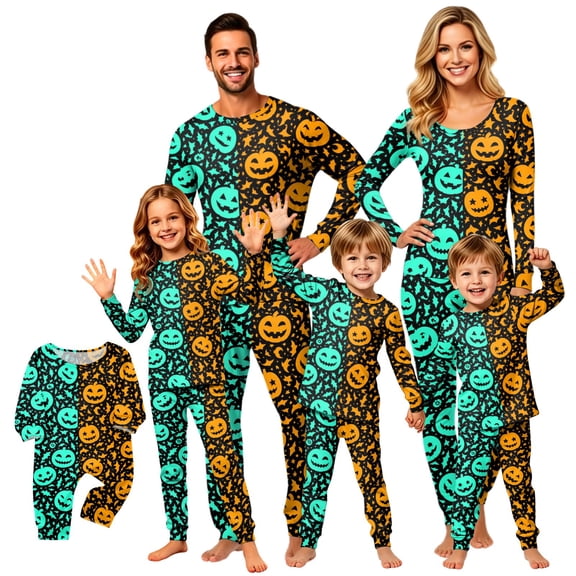 Spooky Family Pajamas Set Jack O Lantern Print, Elastic Waist Halloween Family Pajamas Long Sleeve Crew Neck, Funny Matching Halloween Pajamas for Ki’ds Adults