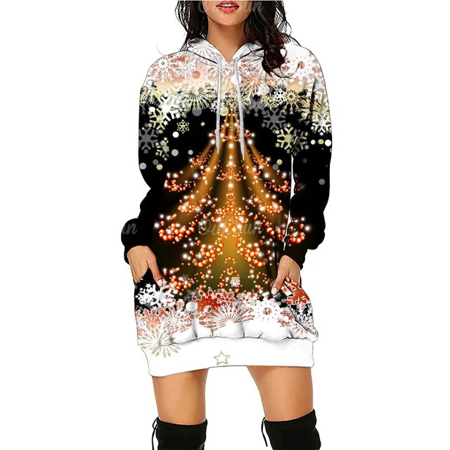Vestido con capucha de árbol de Navidad para mujer, suéter de patrón divertido, ropa de fiesta de vacaciones de Navidad, falda de moda informal, Jersey, nuevo