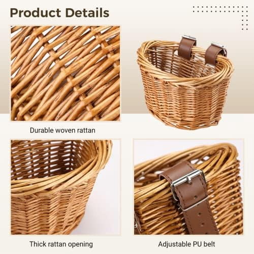 Kids Bike Basket with Adjustable PU Belts, Wicker Bike Baskets Handmade Woven Rattan Bike Basket Front Handle Children Bike Basket for Children Bicycle Accessories