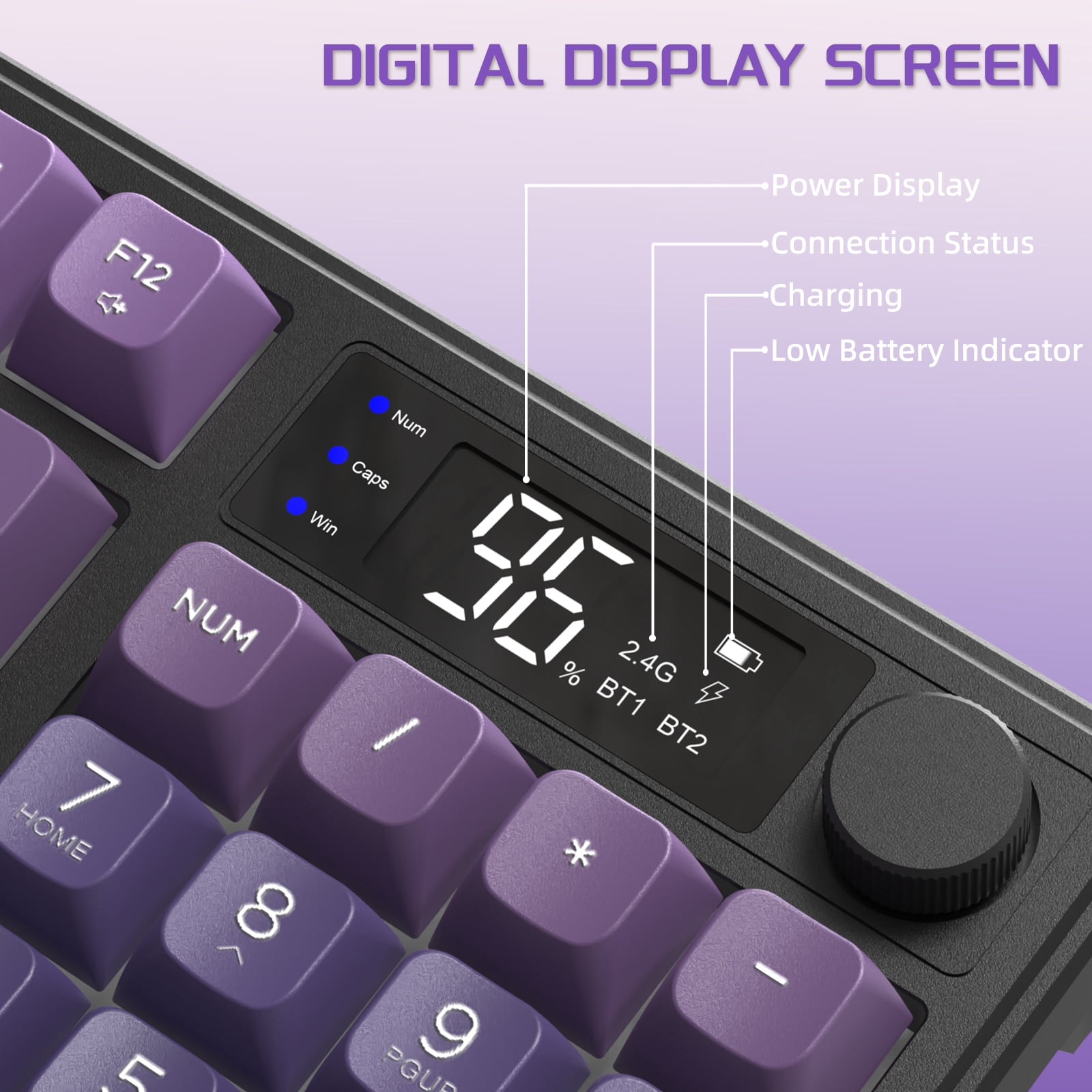 FREEWOLF M96 Wireless Gaming Keyboard Creamy Membrane with Rainbow Backlight,Media Knob,LCD Screen,Dual Mode-Bluetooth/2.4Ghz,Ball Shape PBT Keycap 94 Key...