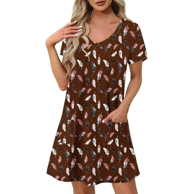 Robe Imprimée Florale pour Femmes Été Décontractée Manches Courtes Col en V T-Shirt Robe Coupe Ample Style Tunique
