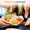 thumbnail image 6 of 25 PCS Disposable Taco Holders, Bagasse Pulp 2-Slot Taco Plate with Side Compartments, Safe Plant Fiber Tray for Taco Tuesday, Party, Sandwich, Hot Dog, Sauce & Snack Serving, 6 of 8