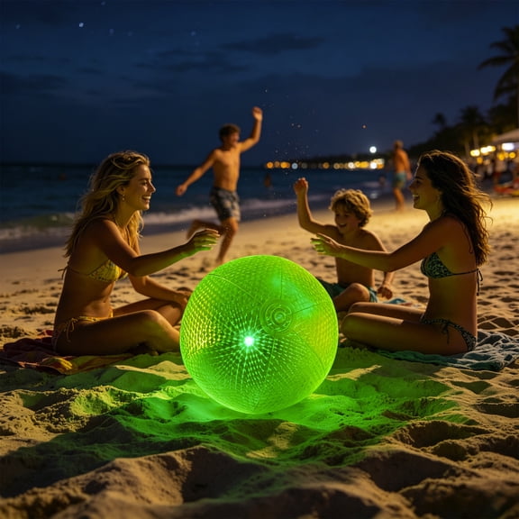 Snmubt 40cm LED Light Up Beach Ball, Waterproof Glow in The Dark Pool Toy, Floating Colorful Ball for Night Party, Green