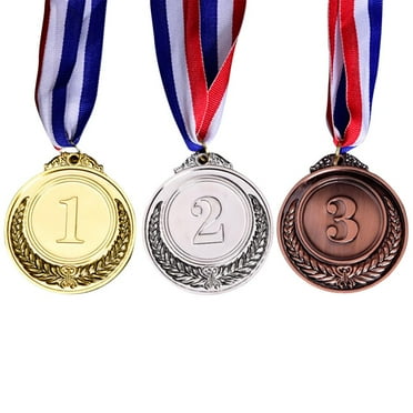 FunnyBeans Metal Award Medals with Neck Ribbon Gold Silver Bronze Olympic Style for Children Sports or Any Competition