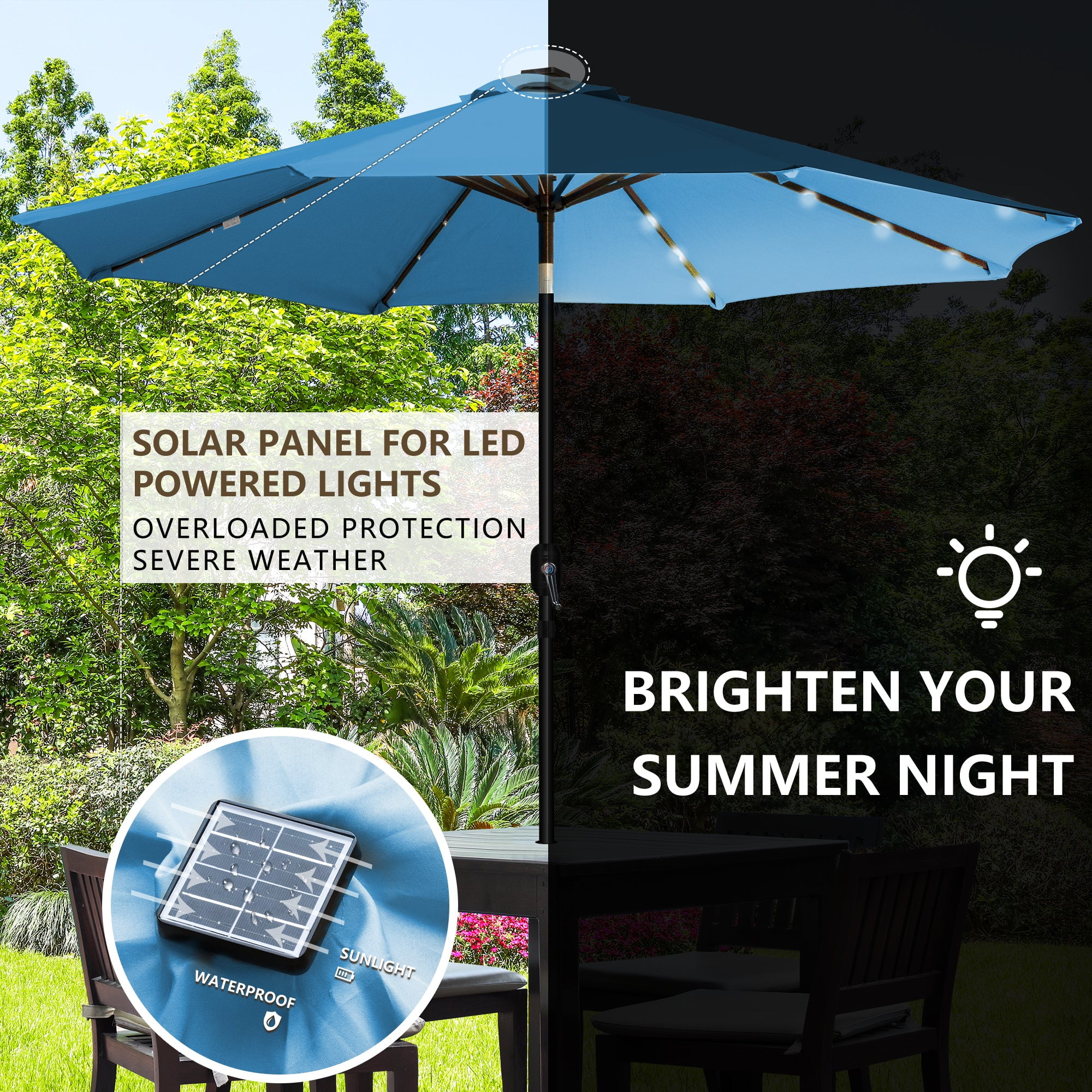 aqua patio umbrella with lighting Garvee 15' Solar-Powered 36 LED Lights, Double-Sid free powder coated steel pole and 8 sturdy heavy duty square ribs for longer usage Sun-Ray 9 ft 32 Solar-Powered