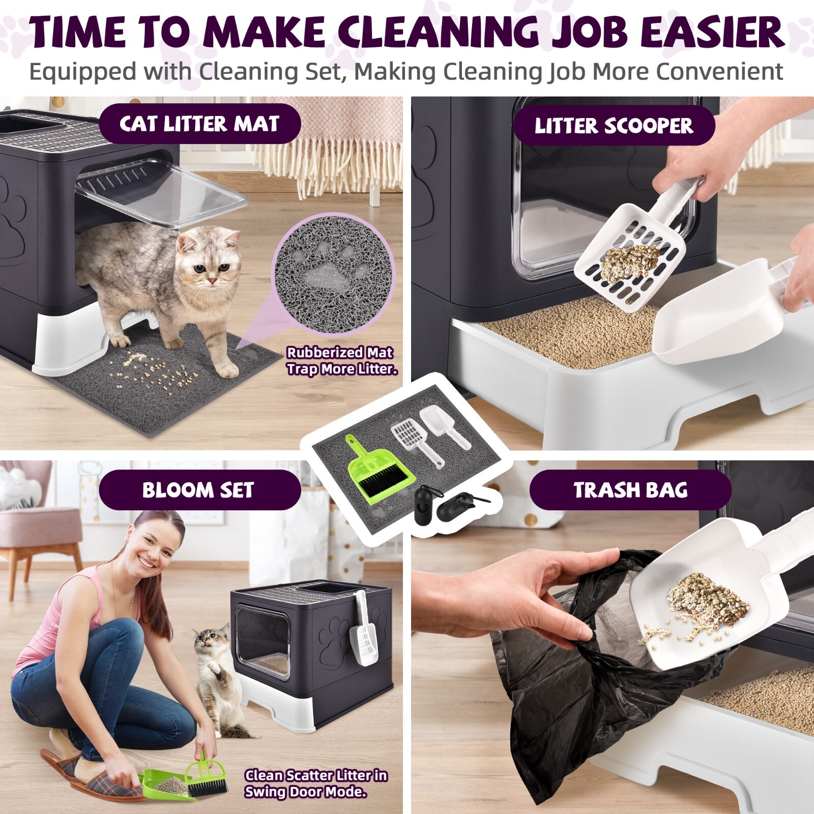 Cat Litter Box with Litter Mat and Scoop, Large Foldable Litter Box with Lids, Free in& Out Covered Kitty Litter Box, Odor Control Enclosed Litter Box, Anti- Splashing Easy Clean,Dark Purple