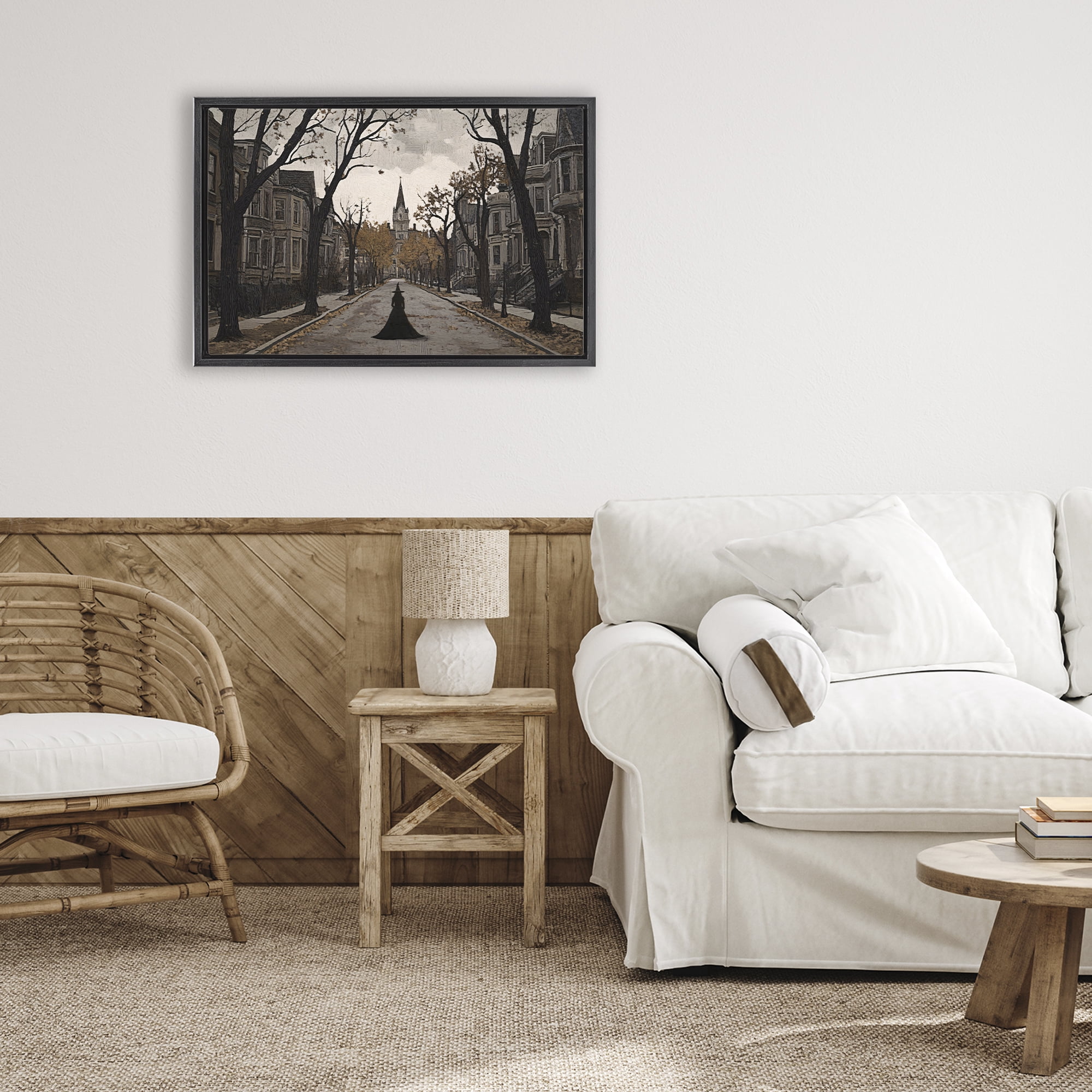 Stupell Industries Witch Strolling Town Streets Black Framed Floater Canvas Wall Art, design by Jacky Ngan