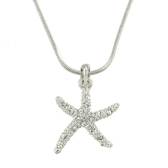 Starfish Pendant Necklace Rhinestone Crystal Rhodium Plated 17 Inch Snake Chain J0139-RH
