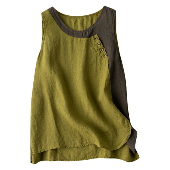 Moonker Womens Tank Tops Summer Loose Sleeveless Top Under $10 Womens Sleeveless Button Down Shirt Cotton Linen Loose Fit Casual Color Block Summer Tank Tops Plus Size Crew Neck Tees