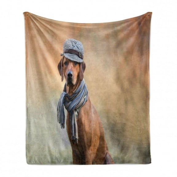 Animal Soft Flannel Fleece Throw Blanket, Rhodesian in a Hat and Scarf on a Blurry Background, Cozy Plush for Indoor and Outdoor Use, 70" x 90", Sepia Brown, by Ambesonne