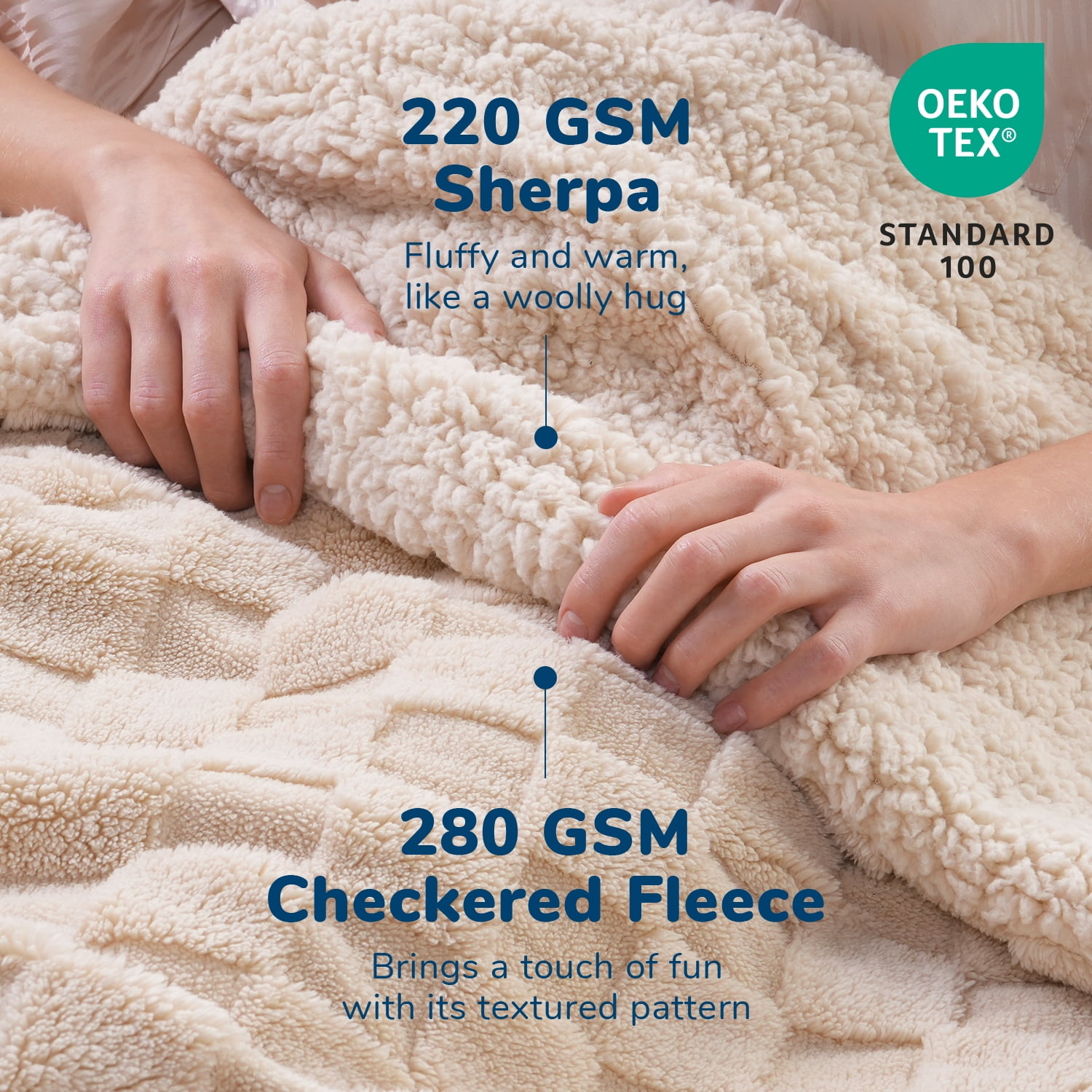 Anjee 90" x 90" Khaki Queen Size Super Soft Cozy Fluffy Sherpa Fleece Reversible Thick 3D Checkered Jacquard Decorative Throw Blankets