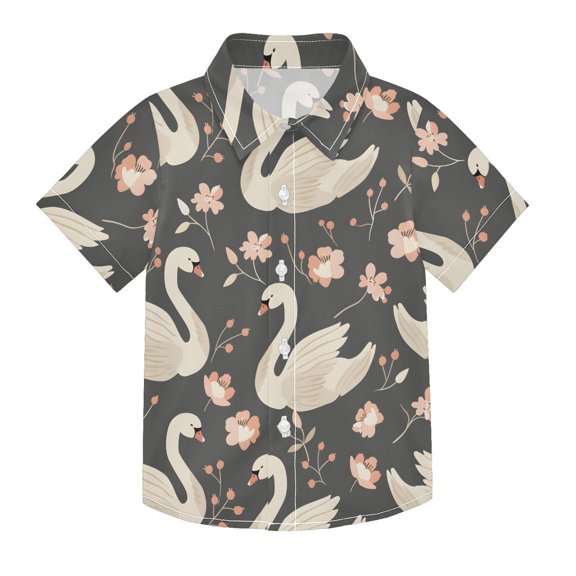 Dailycode Small Short Sleeve Button Down Shirts Swan and Flowers Casual Shirt 3-10 Years