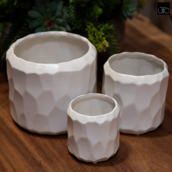 Vara Embossed White Ceramic Planter Pots Set of 3 – Decorative Indoor Plant Pots for Living Room, Office & Home Décor -White
