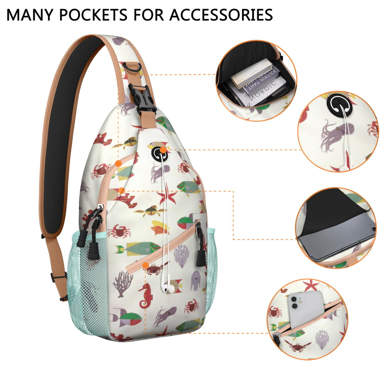 Marine Life Crossbody Bag - Ocean Themed Anti-Theft Shoulder Backpack for Travelers - Versatile Wear with Zipper Pockets for Summer Outdoor Activities