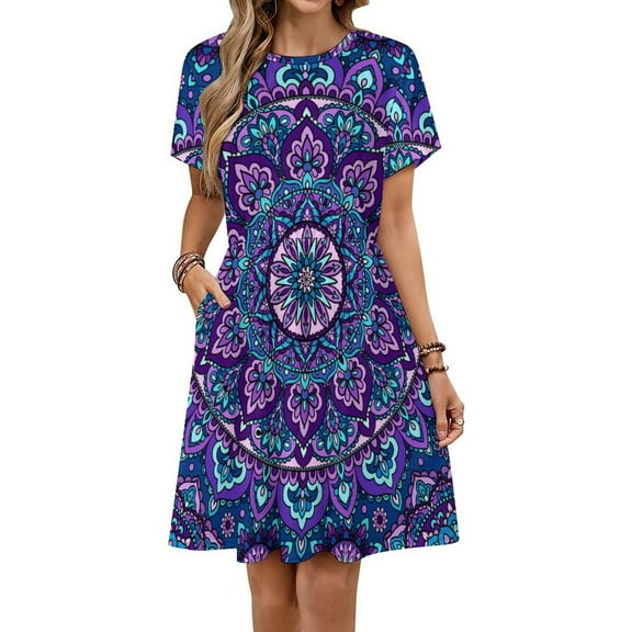 Mandala Purple Dress Summer Street Style Dresses Female Short Sleeve Printed Sundress