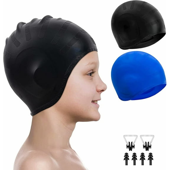 2 Pack Kids Swim Caps for Boys Girls, Durable Silicone Swimming Cap with 3D Ear Pockets for Age 3-15 Toddler Child Youth Teen