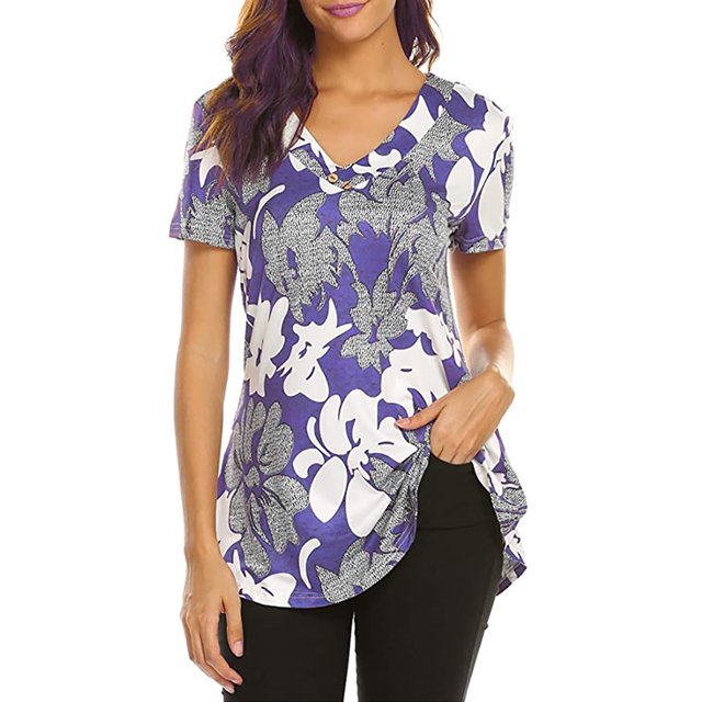 Fiudx Camisetas para Mujer Blusa Holgada de Manga Corta con Cuello En V Informal Estampada a La Moda para Mujer