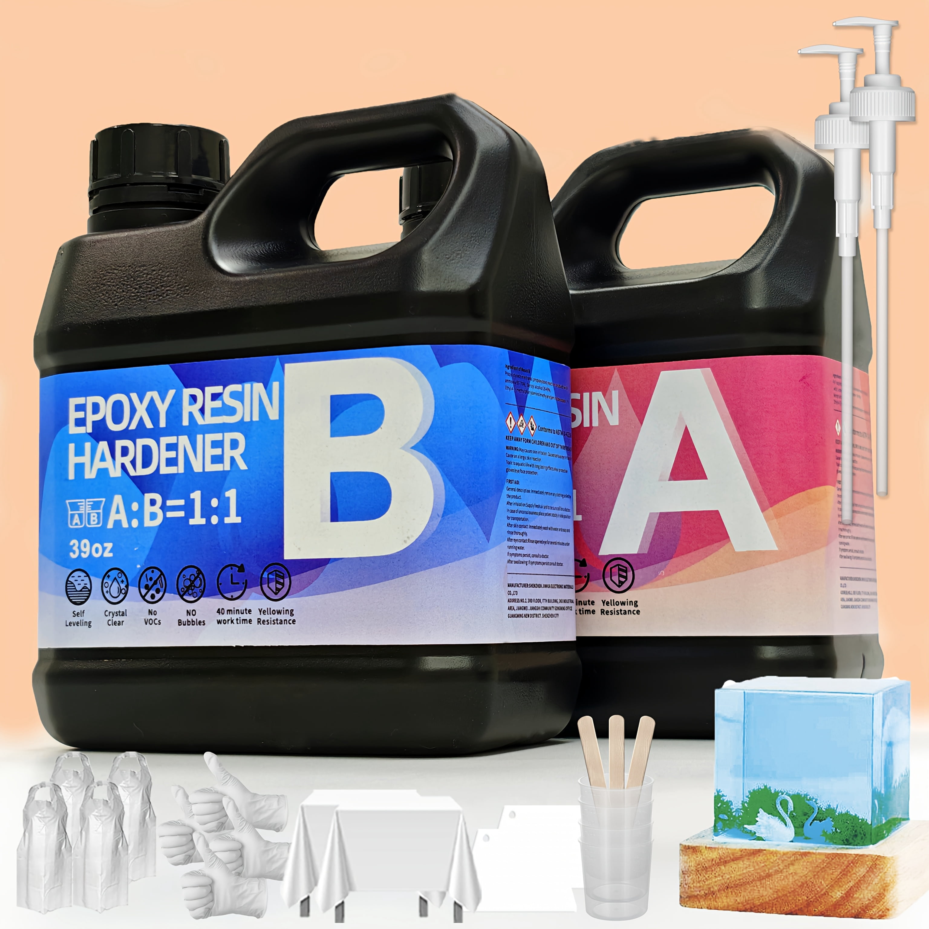 Fast Curing 546oz Epoxy Resin – Crystal Clear Epoxy Resin Kit, 7 Sets. Self-leveling, high-gloss, non-yellowing and bubble-free casting resin with 1:1 volume ratio. Ideal for craft making, tabletop p
