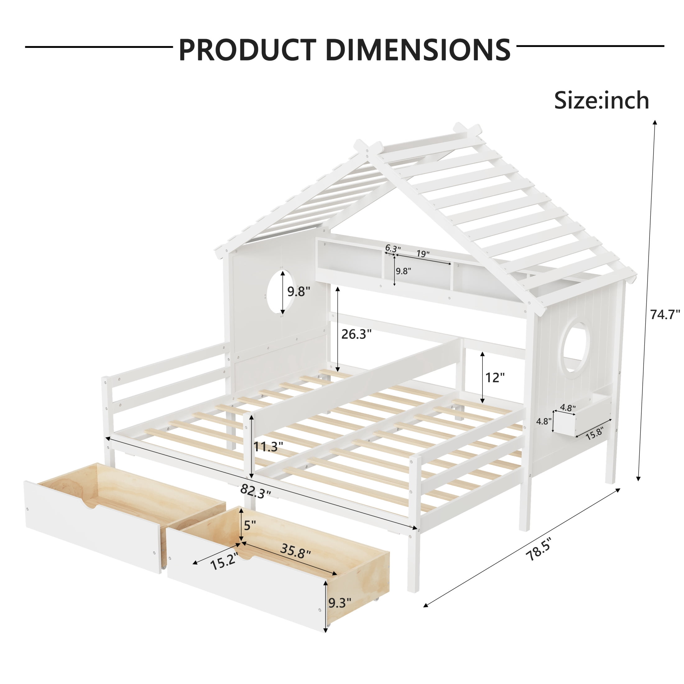Noble House Twin Kids House Bed with Two Side-by-Side Beds, Bookcase and Under-Bed Drawers, White
