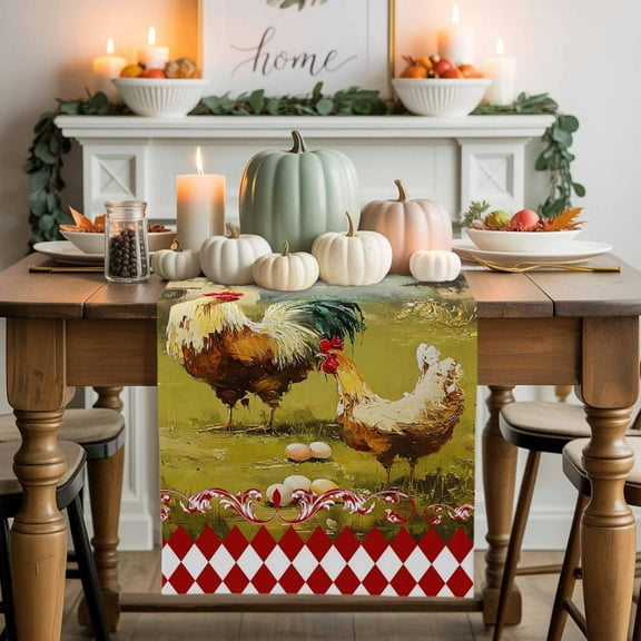 Farm Rooster Hen Cotton Linen Table Runner, Washable Table Runners for Kitchen, Dining Room, Holiday, Home Party Table Decor, 13x108 Inches