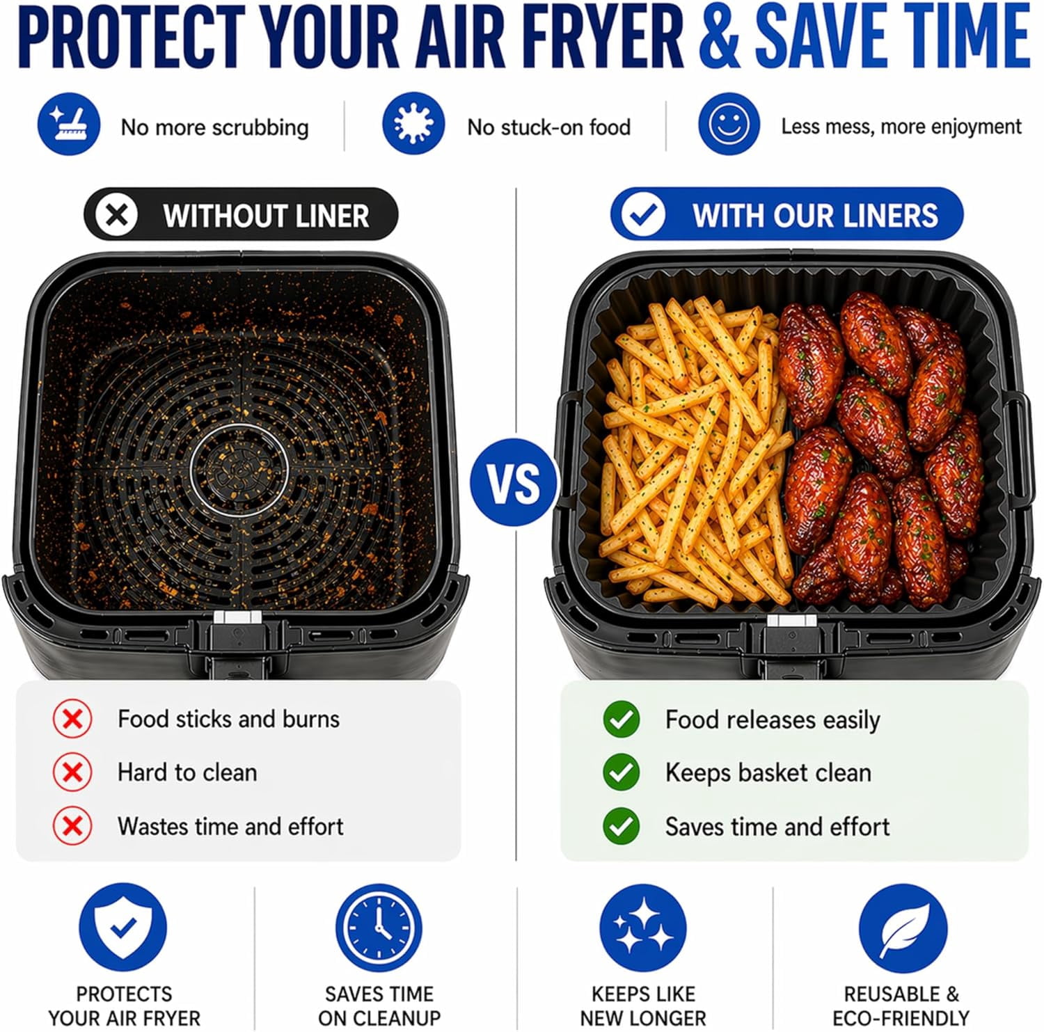 Air Fryer Silicone Liners 2 Pack for 4–7QT Square Basket – Reusable Nonstick Food-Grade Silicone Air Fryer Basket Liners – Dishwasher Safe, Includes Tongs & Basting Brush