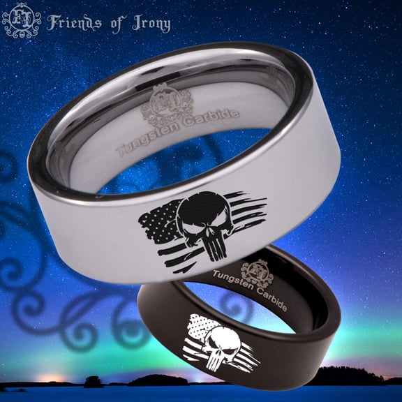 Military Skull Tattered American Flag Tungsten Carbide Ring