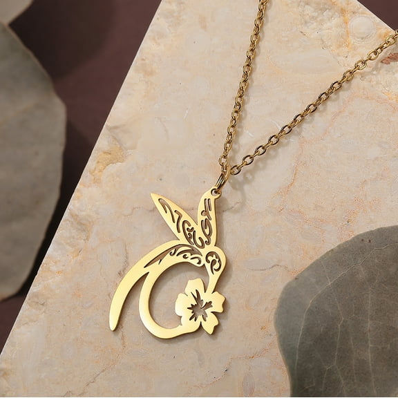 Hummingbird Flower Pendant Necklace for Women Men Stainless Steel Charm Necklace Christmas Gift Jewelry