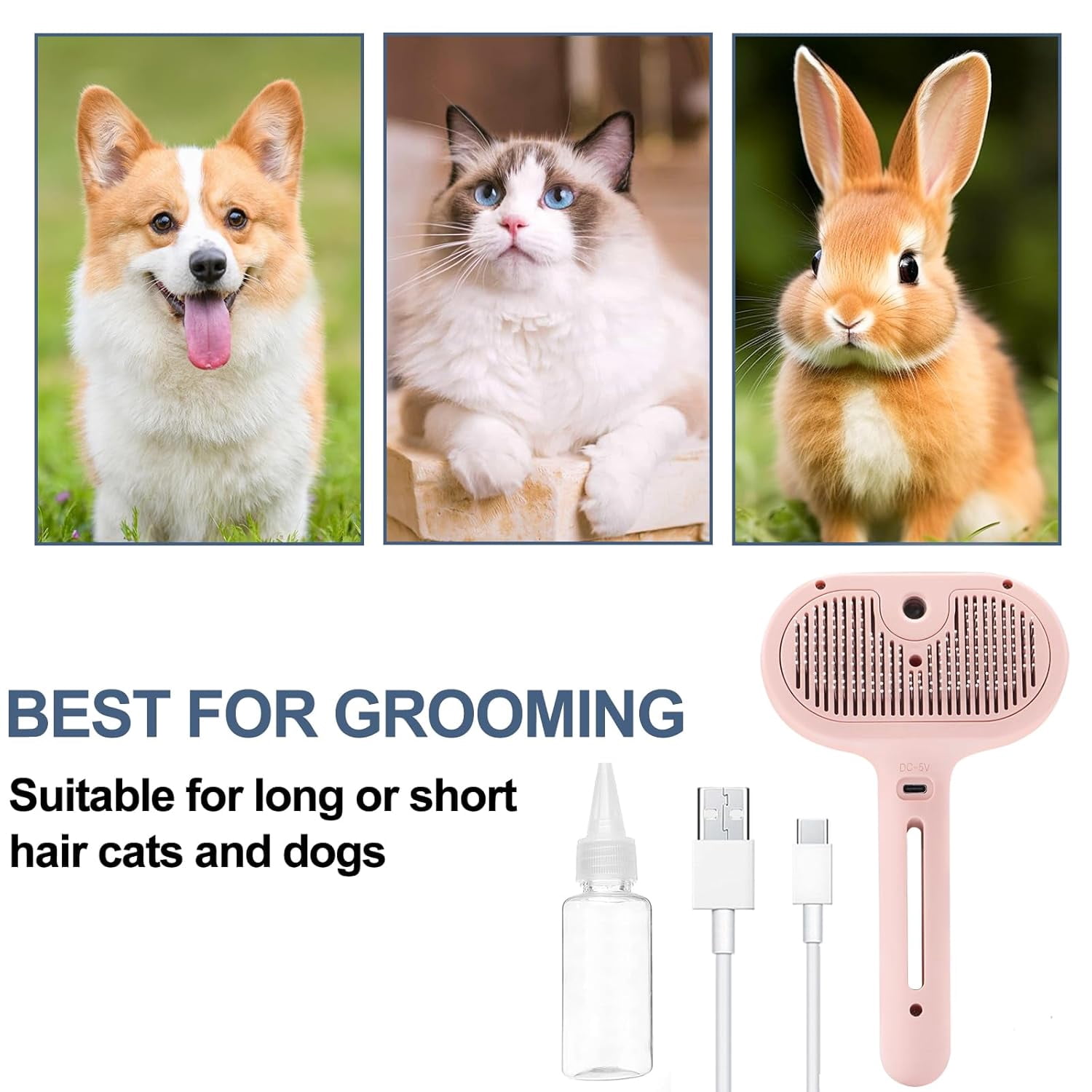Cat Steam Brush - Steamy Pet Brush for Shedding, Misting Hair Brush for Long & Short Haired Cats, Dogs & Rabbits, Self Cleaning Grooming Tool (Pink)