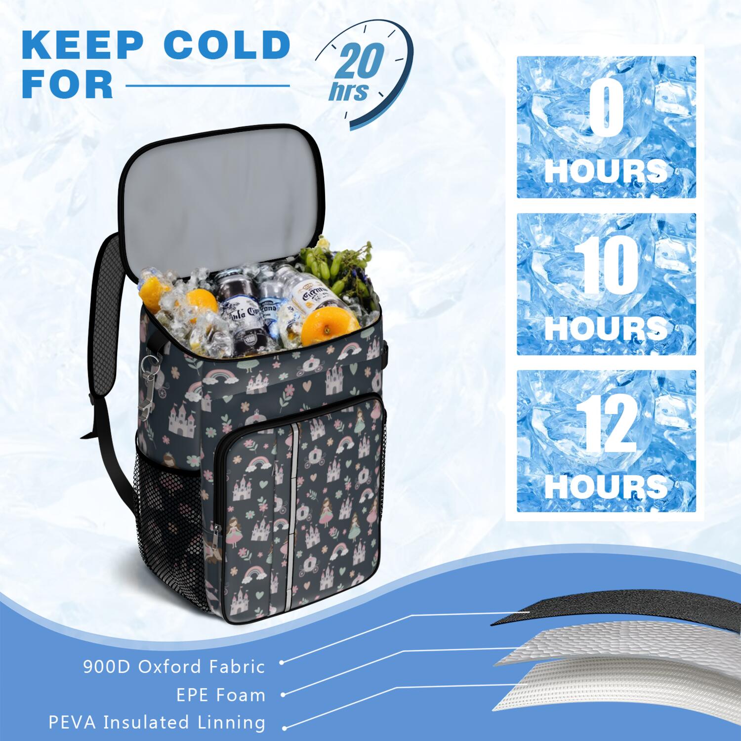 Travel Cooler Bag - Dark Blue Princess Castle Pattern Camping Beer Cooler Backpack with Bottle Opener- Waterproof Insulated Picnic Backpacks - Cooler Bag for Beach