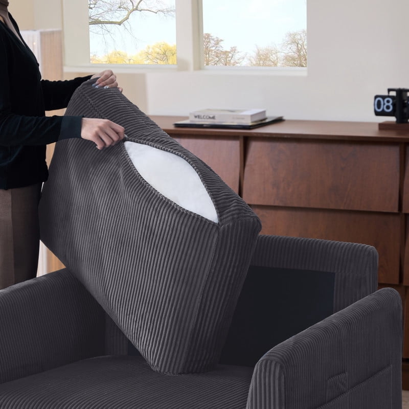 37.75"W Oversized Single Sofa, Corduroy Accent Reading Chair w/ Storage Pockets, Modern Upholstered Armchair w/ 2 Pillows