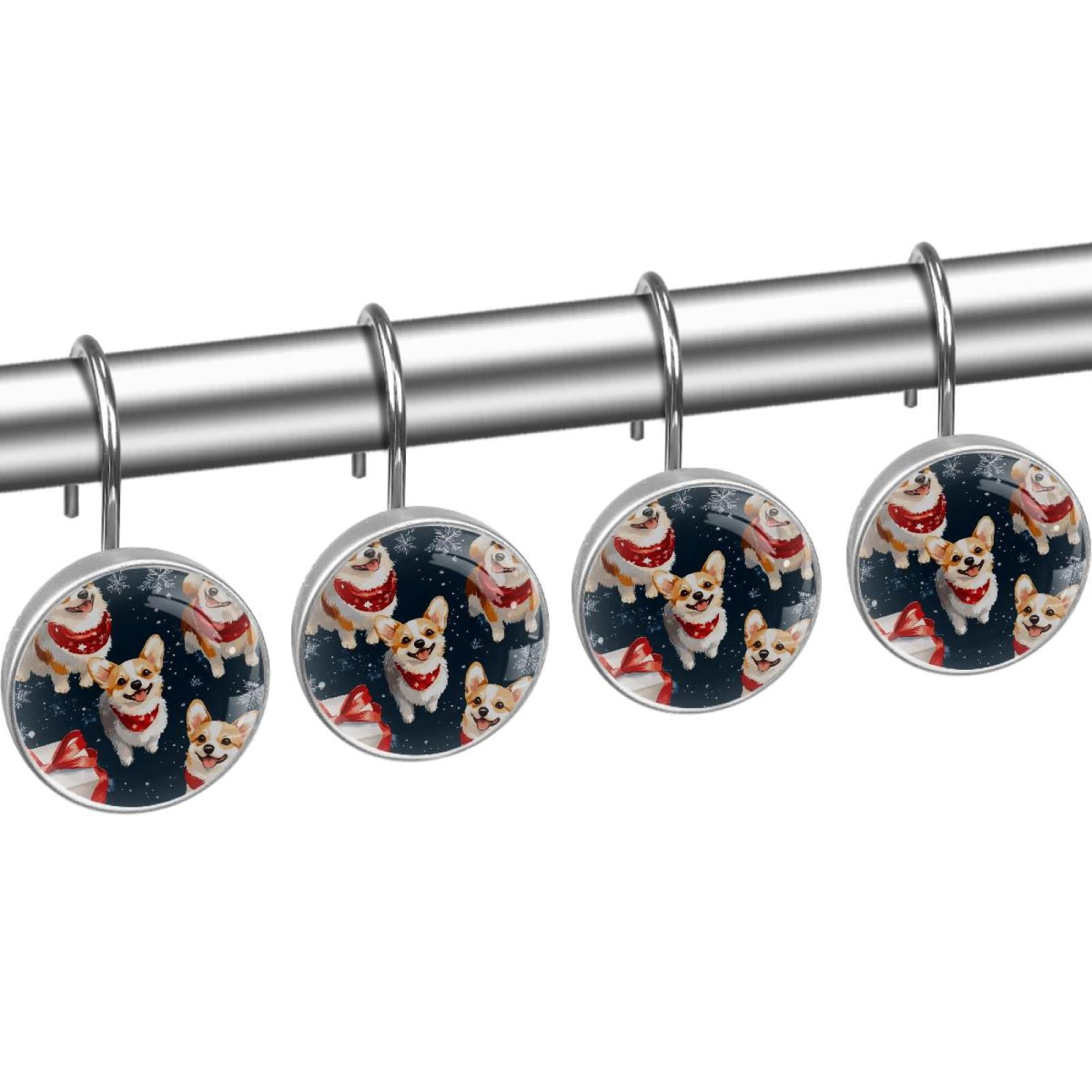 Red Scarf Corgis Shower Curtain Hooks Round Crystal Glass, Set of 12 Shower Curtain Rings - Shower Hooks for Curtain Shower Rings