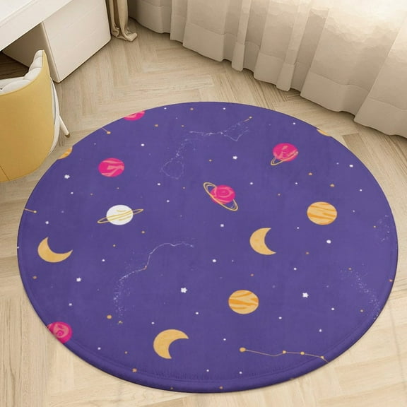 Space Planets And Moons Pattern Round Area Rugs for Bedroom Living Room, 4FT Soft Comfy Indoor Circle Carpets, Carpet Home Decor Floor Mat