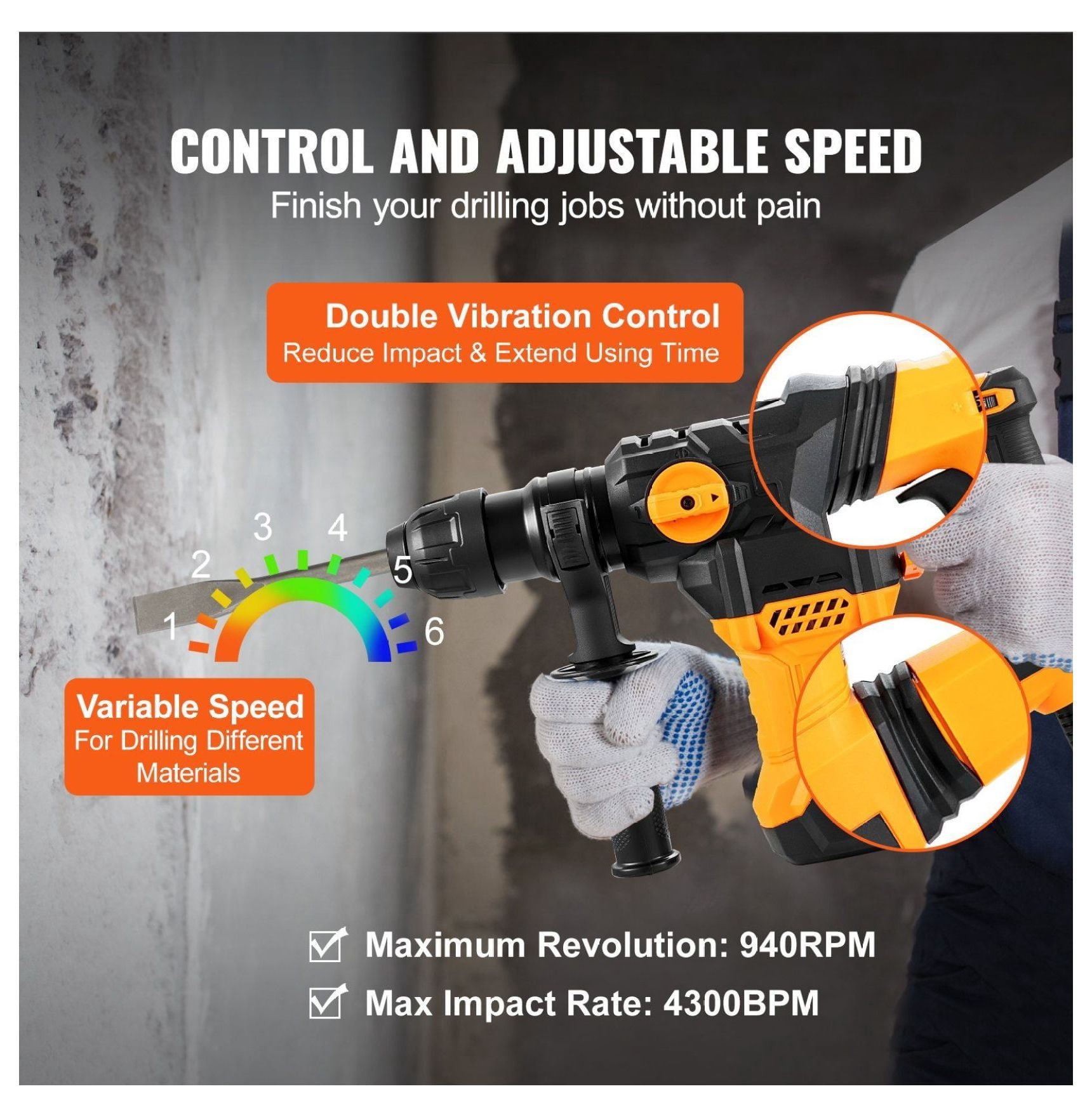 SDS-Plus Rotary Hammer Drill 1-1/4 Inch, 13 Amp Corded Hammer Drill, Heavy Duty Demolition Hammer with Vibration Control, Variable Speed Power Tool for Concrete