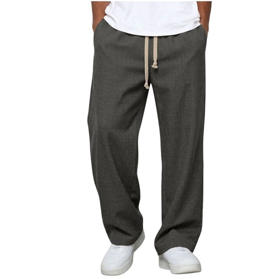 Lmueinov Mens 100% Cotton Pants Lightweight Baggy Texture Soft Lounge Pant with Pockets Elastic Waist Straight Leg Trousers Daily Wear M-3XL