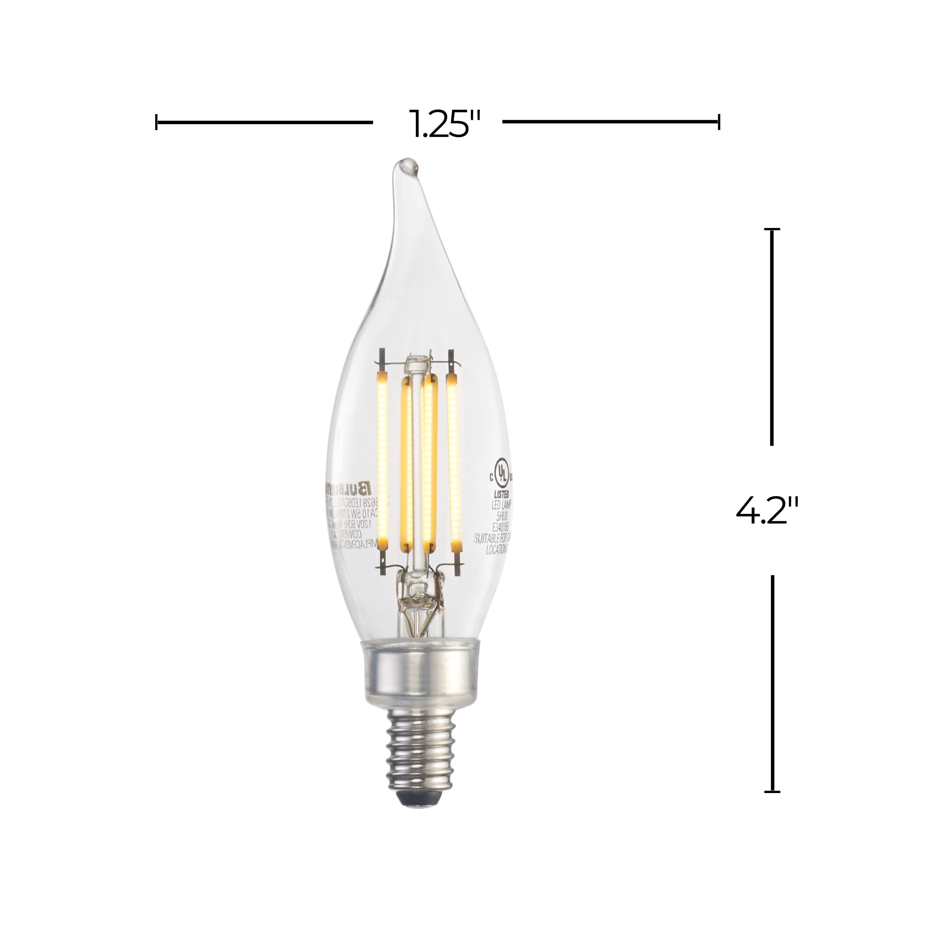 Bulbrite Pack of (4) 5 Watt Dimmable Clear Filament CA10 Candelabra (E12) LED Light Bulb - 500 Lumens, 2700K