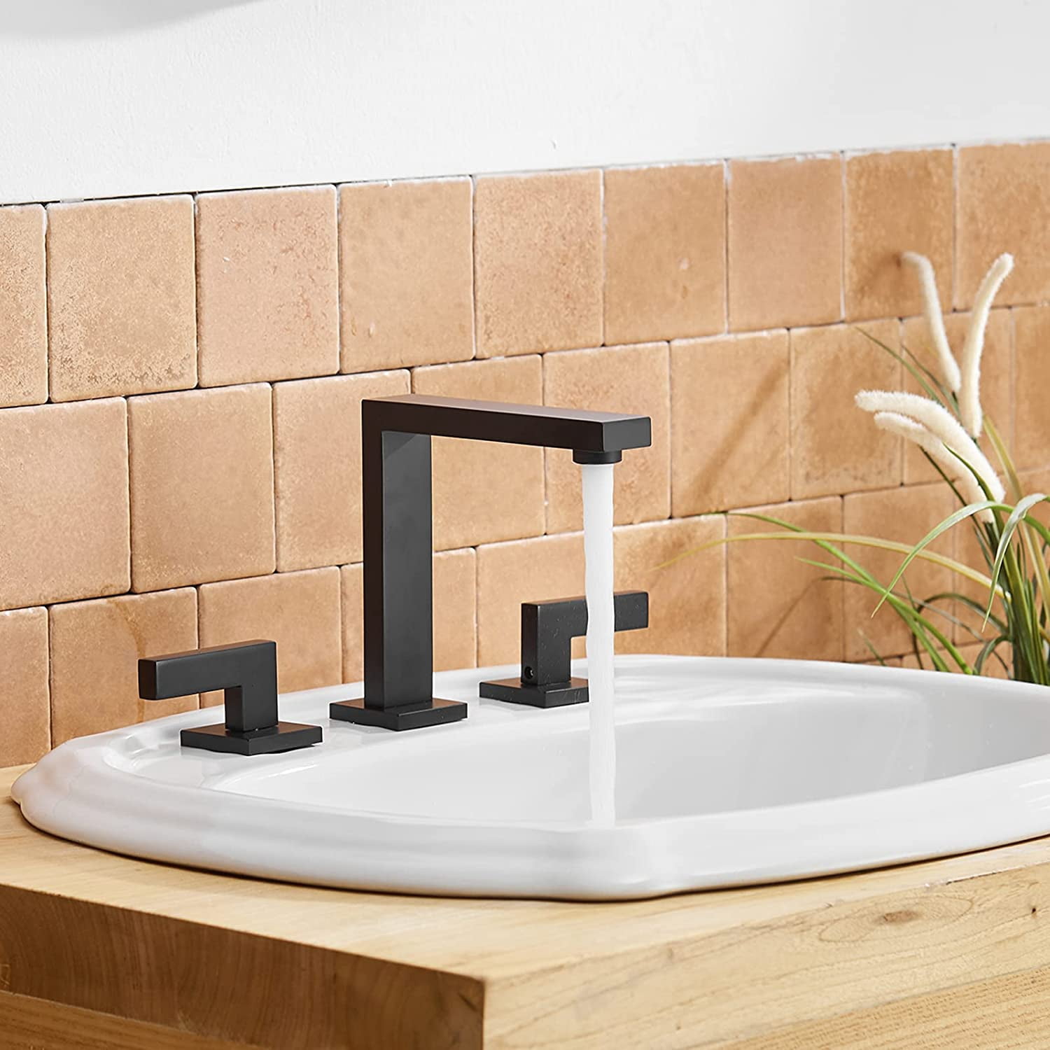 BWE Widespread Bathroom Faucet 3 Hole Matte Black with Pop Up Drain with Overflow Assembly and Supply Hose Bathroom Faucets for Sink 2-Handle 3 Pieces 8 Inch Basin Lavatory Mixer Tap