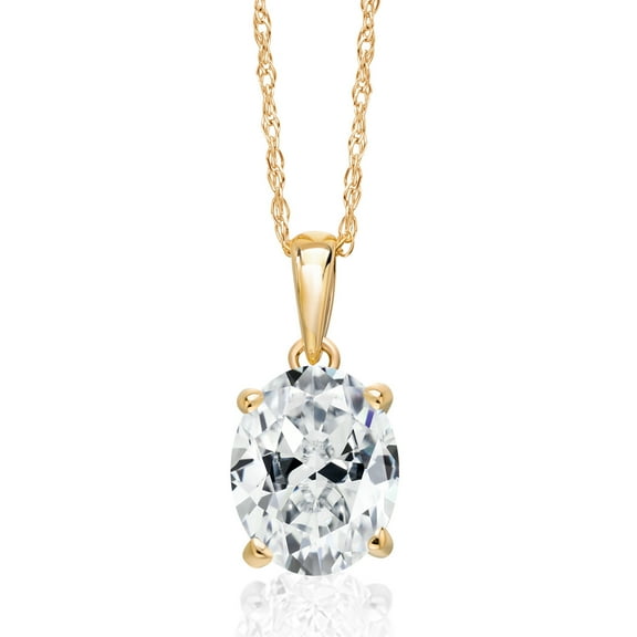 Gem Stone King 14K Yellow Gold White Zirconia Pendant Necklace | 2.00 Cttw | Gemstone Birthstone | Oval 9X7MM | Gold Necklace for Women | With 18 inch Gold Chain