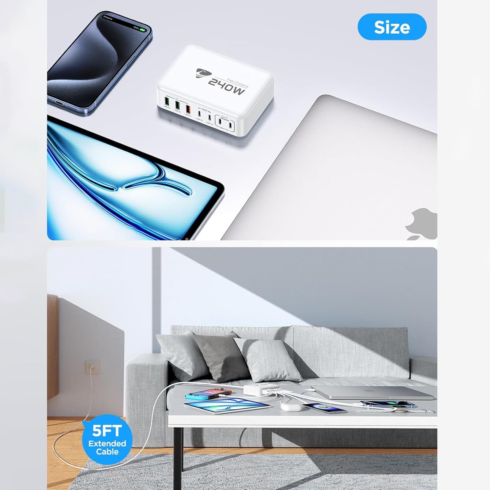 Aioneus 7-Port GaN USB C Charger Block 240W Fast Charging Station Power Adapter Compatible with Laptop Macbook iPhone iPad, White