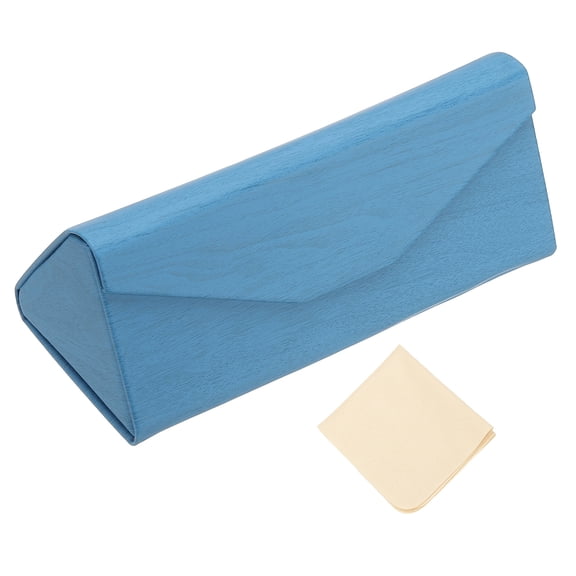 Uxcell Foldable Glasses Case, Triangle Magnetic Sunglasses Organizer PU Leather Hard Eyeglass Case with Eyeglass Cloth, Bright Blue (Wooden Texture)