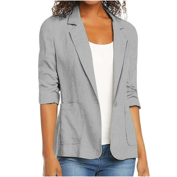 Dazajoo Women's Linen Blazers Business Casual Office Work Suit Jacket Lapel Collar Single Button Blazer with Pockets,Gray,XXL