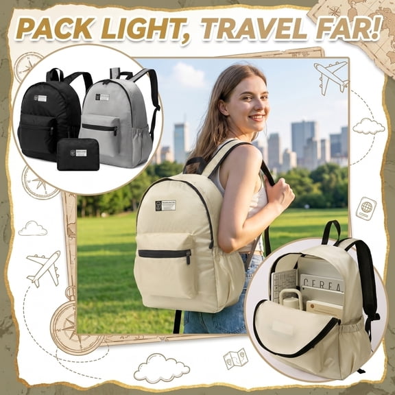 Foldable Lightweight Travel Backpack for Women, Casual Daypack for & Hiking, Compact Waterproof Bag, Versatile Outdoor Travel Daypack for Daily Commute, 1Pack Beige